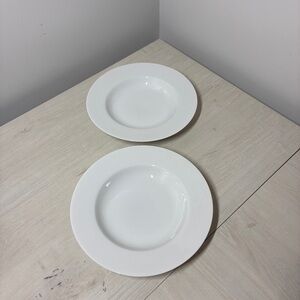 Lot of Two Crate & Barrel Monno White Wide Rim 12" Porcelain Pasta Serving Bowls